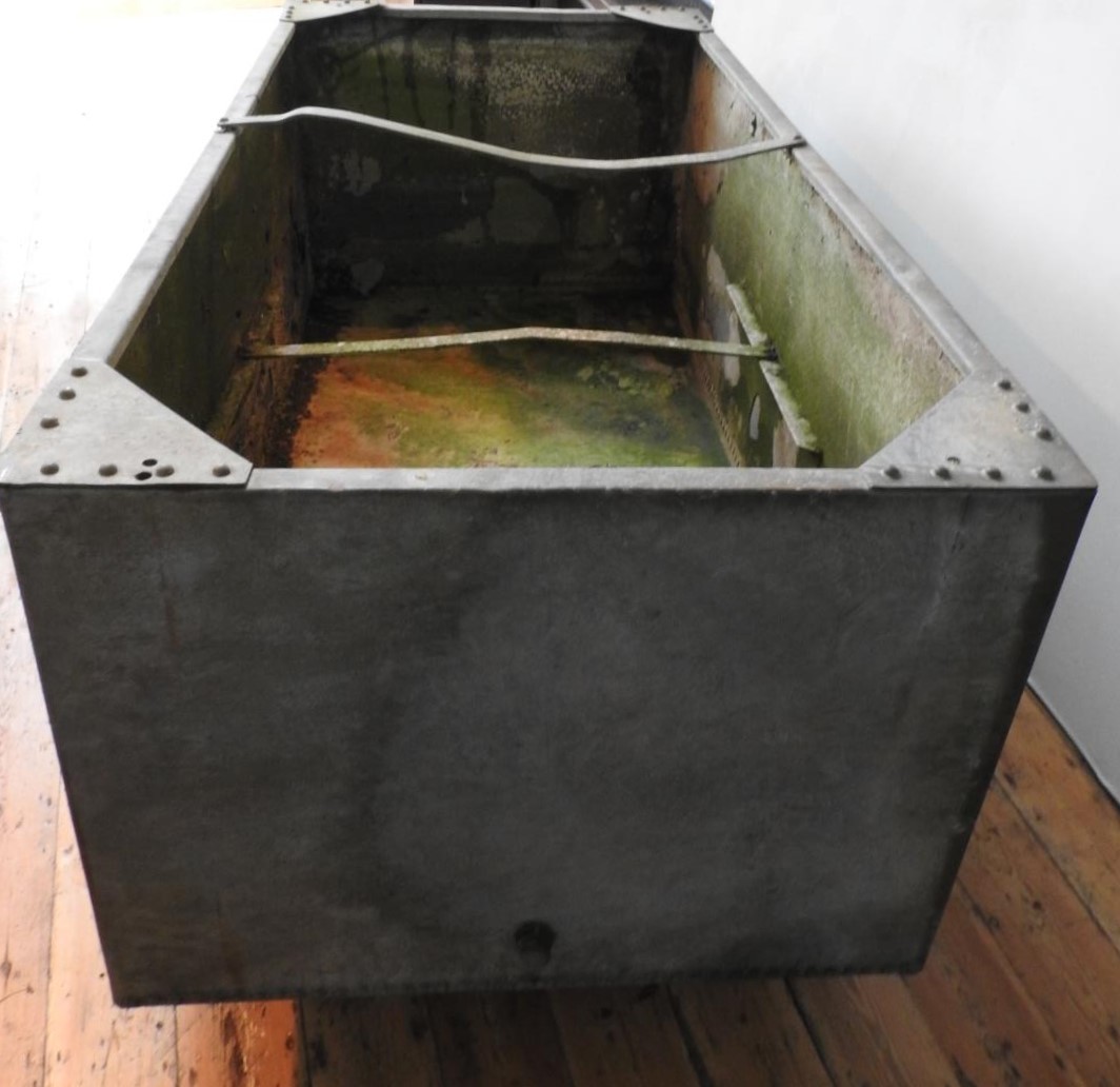A VERY LARGE RIVETED GALVANISED AGRICULTURAL WATER TROUGH / GARDEN PLANTER 213cm long, 107cm wide,