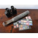 WWII MILITARY ISSUE BINOCULARS, INCENDIARY DEVICE AND GERMAN POSTAGE STAMPS