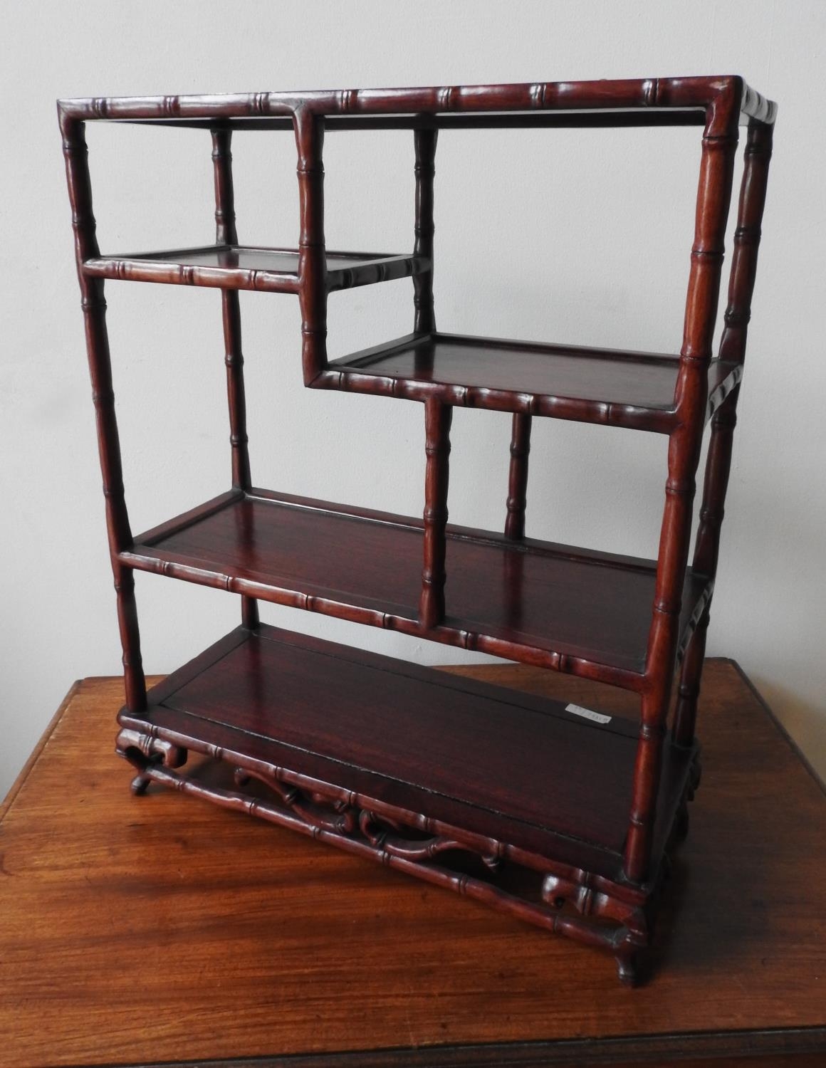 SET OF CHINESE SIMULATED BAMBOO HARDWOOD STANDING SHELVES 20TH CENTURY 58cm high, 45cm wide