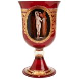 A MURANO RED GLASS BALUSTER VASE the bowl decorated in gilt with a hand-painted panel depicting '
