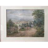 VICTORIAN WATERCOLOUR FIGURES ON A COUNTRY PATH signed indistinctly, framed 27cm high, 36cm wide