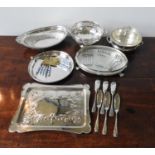 SILVER PLATED CLAW FOOT GALLERY TRAY, OVAL FLUTED SILVER PLATE BOWL AND THREE SETS OF CAKE FORKS,