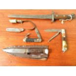 MILITARY BAYONET, FIXED BLADE KNIFE, THREE FOLDING POCKET KNIVES AND WHISTLE, bayonet is 37cm long