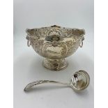 PINDER BROS. SILVER PLATED PUNCH BOWL 25cm dia AND ASSOCIATED SILVER PLATED LADLE, with lion's
