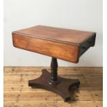 VICTORIAN MAHOGANY PEMBROKE TABLE ON TURNED CENTRAL PEDESTAL, terminating in shaped base with