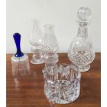 A WATERFORD CUT GLASS DECANTER AND WATERFORD CUT GLASS BOWL, cut glass candle lanterns and