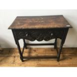 CARVED OAK STRETCHER BAR SIDE TABLE WITH DRAWER, on turned legs 78 x 69 x 41cms