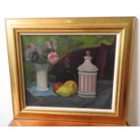 BRITISH SCHOOL (20TH CENTURY) STILL LIFE OF FRUIT AND FLOWERS oil on canvas, signed lower right M.