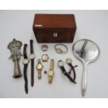 HALLMARK SILVER HAND MIRROR, BOX OF 9 FASHION WRIST WATCHES AND RELIGIOUS ITEM