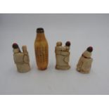 THREE CHINESE FIGRAL BONE SNUFF BOTTLES 20TH CENTURY together with a HORN SNUFF BOTTLE, 20TH CENTURY