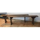 A PAIR OF FRENCH 19th CENTURY OAK FARMHOUSE BENCHES, 172cm long