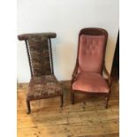 VICTORIAN MAHOGANY SCROLL ARM NURSING CHAIR AND BOBBIN PILLAR PRIE DIEU CHAIR