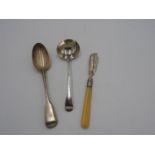 GEORGIAN HALLMARK SILVER SERVING SPOON, GEORGIAN SILVER LADLE AND EARLY VICTORIAN FISH KNIFE Total