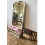 A LARGE CREAM PAINTED VINTAGE MIRROR, A SET OF 4 SQUARE FRAMED WALL MIRRORS AND THE ATTIC SECTION OF