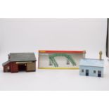 THREE HORNBY TRACK SIDE MODELS OF WAREHOUSE, FOOTBRIDGE AND COTTAGE, warehouse and footbridge boxed