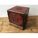 CHINESE RED LACQUER BOX 20TH CENTURY carved in low relief with Shou symbols  42cm high, 36cm wide