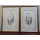 A PAIR OF PENCIL AND WATER COLOUR ILLUSTRATIONS OF DRESSING LADIES, 20 x 37cm