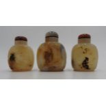 THREE CHINESE CARVED AGATE SNUFF BOTTLES 20TH CENTURY 9cm & 8cm high Property of a lady