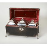 A SET OF TWO CASED GEORGE III SILVER TEA CADDIES AND A SUGAR BOX, BY PIERRE GILLOIS, LONDON 1755,