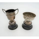 A HALLMARK SILVER TWO-HANDLED PRESENTATION CUP AND SMALL PRESENTATION BOWL, both on stands, 1930 and