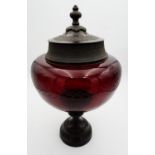 LARGE METAL MOUNTED 20th CENTURY RUBY GLASS VASE WITH LID (47cm high), and a wrought-iron scroll