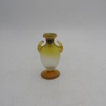 A CONINENTAL COLOURED OPAQUE GLASS MINIATURE VASE, with two handles, spreading foot base and painted