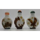 THREE WHITE GLASS WITH SEPIA OVERLAY SNUFF BOTTLE, YANGZHOU SCHOOL STYLE 19TH / 20TH CENTURY 8cm