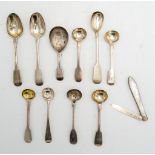 A COLLECTION OF SEVEN HALLMARK SILVER SALT SPOONS, TWO SILVER TEA SPOONS, CHRISTENING SPOON AND