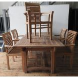A GOOD QUALITY SLATTED TEAK PATIO TABLE AND SIX MATCHING CHAIRS WITH ARMS, the table measuring 76