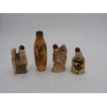 THREE CHINESE FIGRAL BONE SNUFF BOTTLES 20TH CENTURY together with a HORN SNUFF BOTTLE, 20TH CENTURY