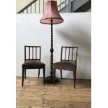 AN OAK BARLEY TWIST STANDARD LAMP AND A PAIR OF VICTORIAN MAHOGANY BEDROOM CHAIRS, the chairs 86 x