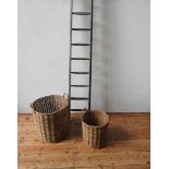 TWO WICKER APPLE HARVEST BASKETS AND VINTAGE 12-TREAD ORCHARD LADDER, 262cm high