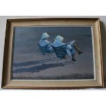 DENNIS SYRETT (b.1934) COUPLE IN FOLDING CHAIRS ON THE BEACH oil on canvas, signed lower right,
