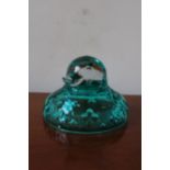 A BACCARAT TURQUOISE STUDIO GLASS BOX COVER, IN THE FORM OF A STYLISED DUCK, 18cm dia