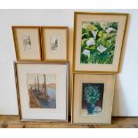 HARBOUR SCENE PRINT, LITHOGRAPH OF LILLIES AND THREE OTHER PICTURES