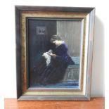 OIL ON BOARD 'MME PISSARRO SEWING' AFTER PISSARRO, SIGNED L.G MITCHELL, 22 x 16cms