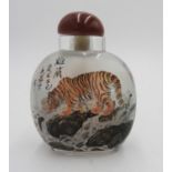 FINE CHINESE REVERSE PAINTED GLASS SNUFF BOTTLE 20TH CENTURY depicting tigers, bears calligraphic