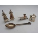 TWO HALLMARK SILVER CONDIMENTS, SILVER SALT, SILVER TEA SPOON AND PLATED DANISH CANDLESTICK, 3.