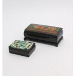 TWO USSR 20th CENTURY HAND PAINTED PAPIER MACHE TRINKET BOXES, decorated with folk lore scenes, 6