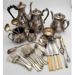 A SILVER PLATED TEA SERVICE, COFFEE POT AND COLLECTION OF PLATED CUTLERY, with an ornate plated