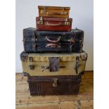 CANVAS COVERED TRAVEL TRUNK, SUITCASES AND VINTAGE TIN TRUNK (4)