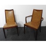 A SET OF SIX RETRO G-PLAN TAN LEATHERETTE UPOHOLSTERED DINING CHAIRS, set comprising of two carver