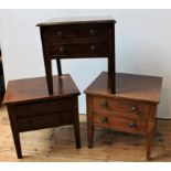 THREE VICTORIAN MAHOGANY 2-DRAWER LOW SIDE TABLES, 48 x 48 x 48cms and smaller