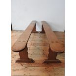 A PAIR OF FRENCH 19th CENTURY OAK SHAPED END FARMHOUSE BENCHES, 48 X 216 X 19cms