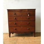 A 19th CENTURY MAHOGANY CHEST OF FIVE DRAWERS ON SPLAYED BRACKET FEET, two short drawers over