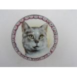 A MURANO GLASS CAT PORTRAIT PAPER WEIGHT, the portrait bordered by millefiore canes, 9cm dia