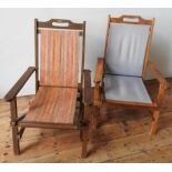 TWO FOLDING WOODEN PATIO CHAIRS WITH LOOSE CANVAS SEATS AND BACKS, ONE CHAIR BEARING A MULBERRY