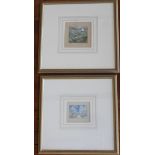 TWO LAURA LANGE MUNCHEN MINIATURE WATER COLOURS OF WINTER SCENE AND SAILING SCENE, 6 x 7cms