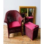 A PAINTED LOOM CHAIR AND LINEN BASKET, A CONTEMPORARY GILT FRAME MIRROR, the mirror 102 x 71cms