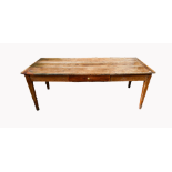 FRENCH 19th CENTURY OAK PLANK TOP FARMHOUSE TABLE, with single drawer on tapered legs